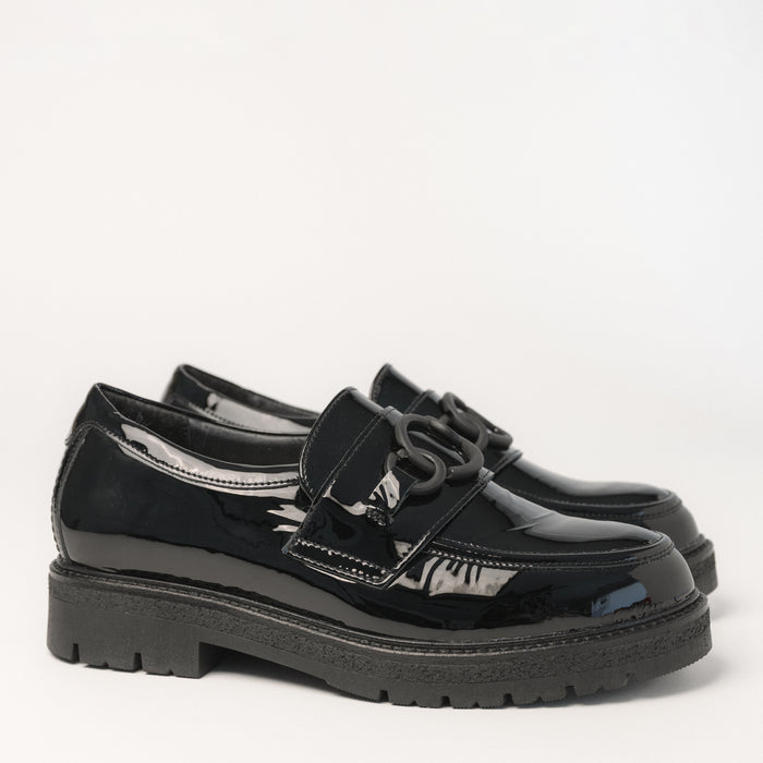 Side profile of the Women's Naot slip-on dress loafer in Black Patent Leather with 1.5" rubber heel.