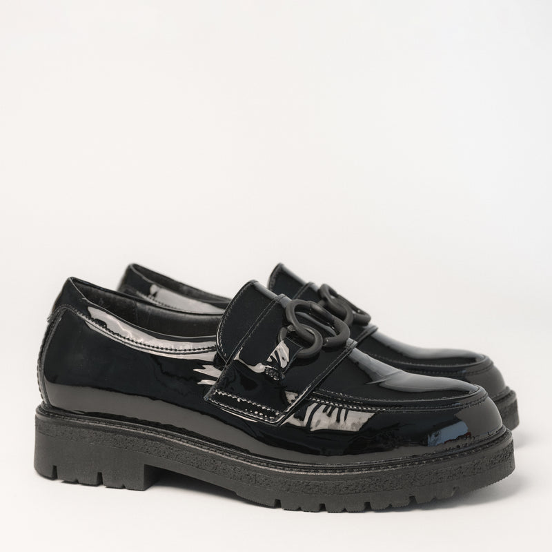 Side profile of the Women's Naot slip-on dress loafer in Black Patent Leather with 1.5" rubber heel.