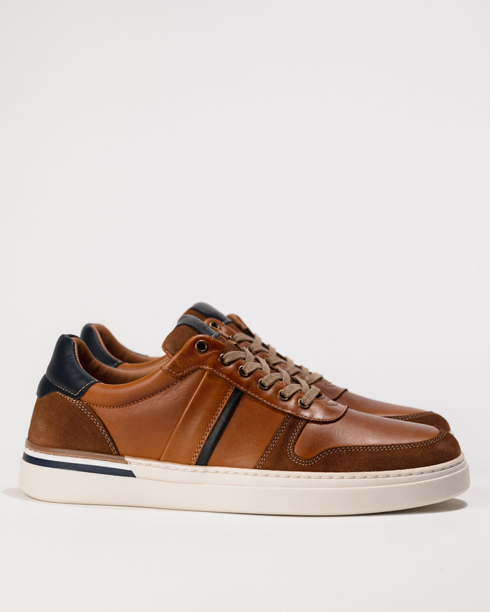 Clean side profile highlighting the tri-color leather upper and low-profile sole.