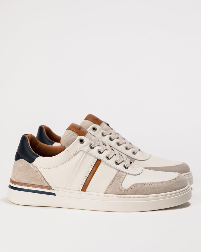 Clean side profile highlighting the tri-color leather upper and low-profile sole.