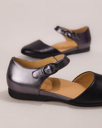 Close-up of the adjustable buckle strap in pewter with contrast stitching.