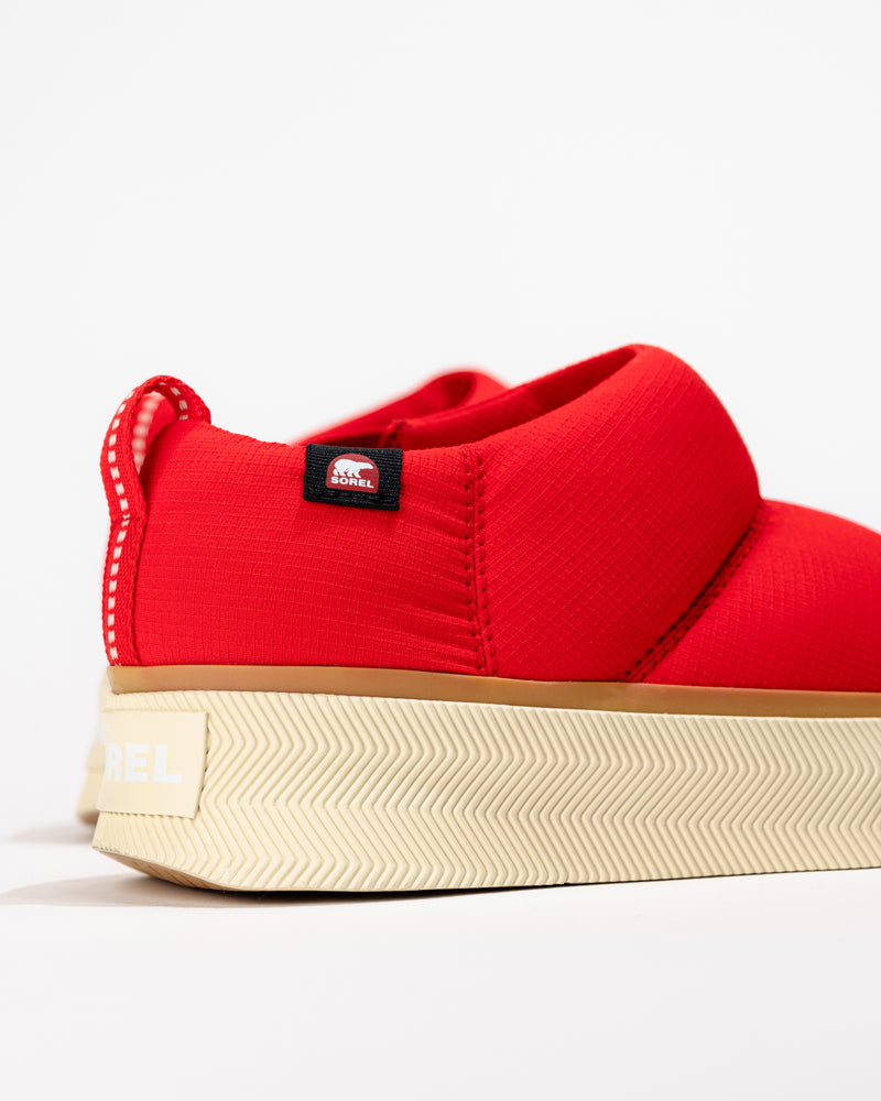 Close-up of the heel showing layered puffy design and outsole texture.