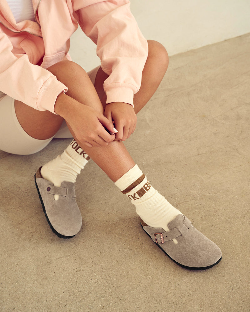 Birkenstock Boston Soft Footbed Suede Leather Taupe | Slip-on Clog – Plaza Shoe Store
