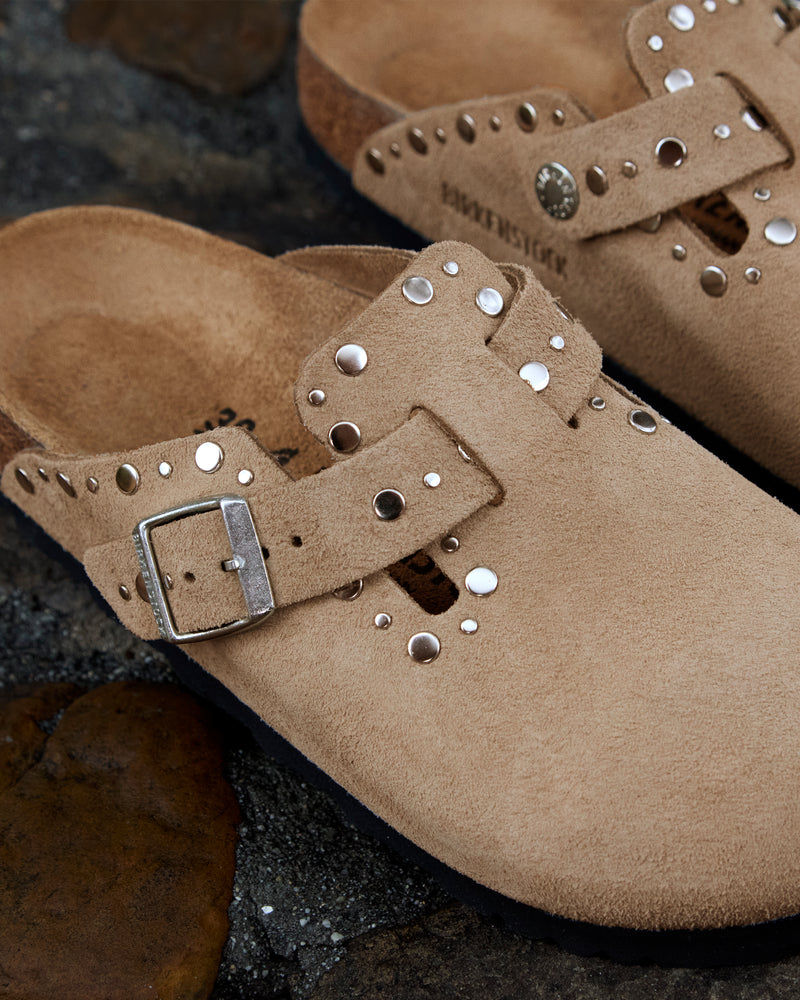 Women's Birkenstock Boston Rivet Clog in Taupe Suede Leather