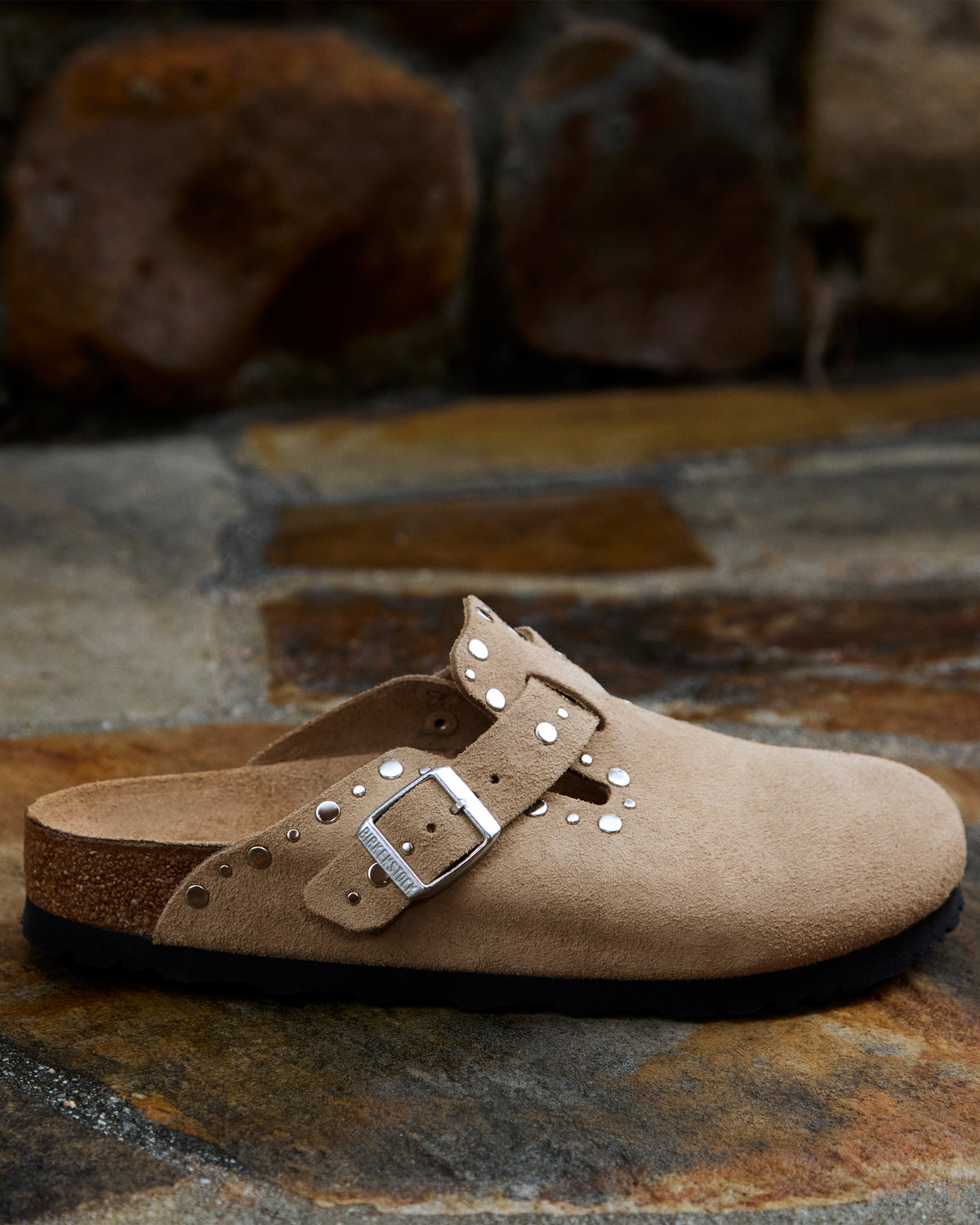 Women's Birkenstock Boston Rivet Clog in Taupe Suede Leather