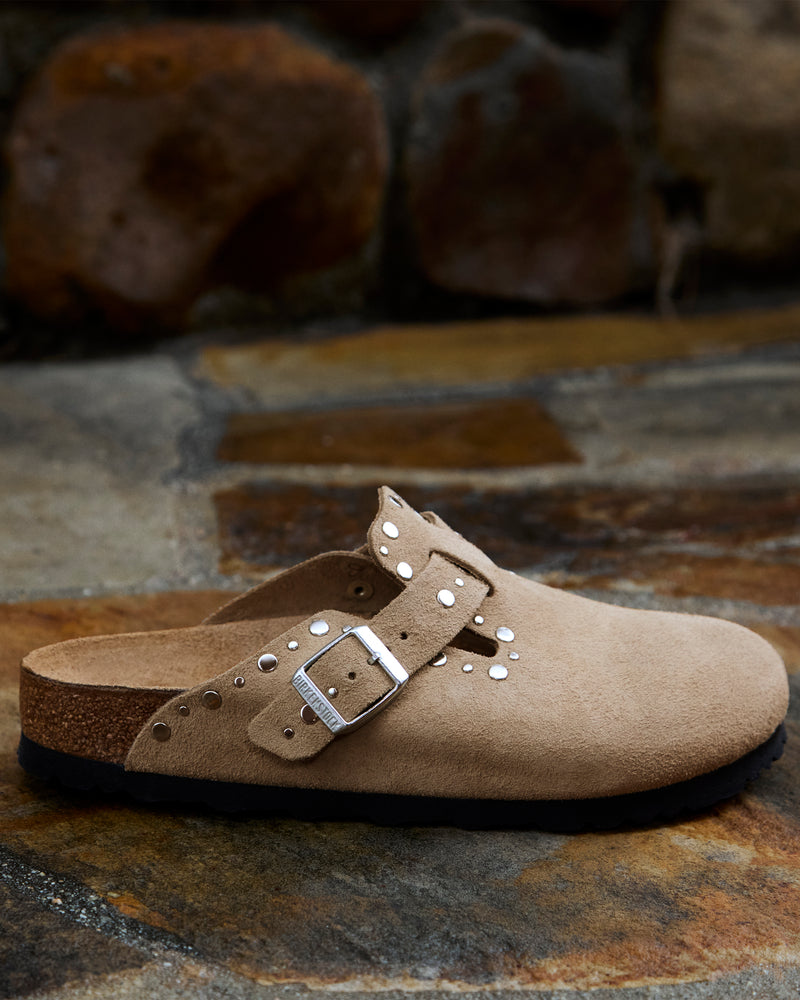 Women's Birkenstock Boston Rivet Clog in Taupe Suede Leather