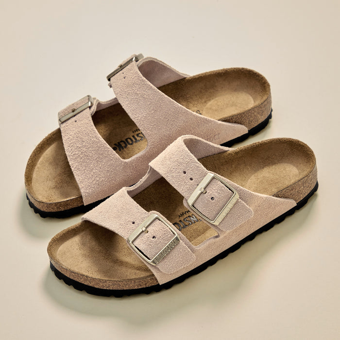 Birkenstock Arizona Sandal in Sandcastle Suede with golden hardware