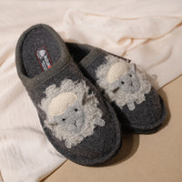 Overhead detail view of the Women's Haflinger Lamby Soft and Cozy Wool Slipper in Gray featuring an adorable lamb applique and soft cozy boiled wool construction.