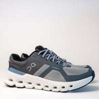 Side profile view of the Men's On Running Cloudrunner 2 in Alloy / Chambray