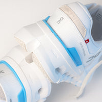 Detailed heel view of the Women's On Running Cloudrunner 2 in White, showing the Helion superfoam midsole detail.