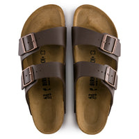 Overhead view of the Unisex BIRKENSTOCK Arizona in Brown BIRKO-FLOR, a classic laid-back sandal in an adjustable two-strap style and a contoured cork-latex that conforms to the shape of your foot for a custom fit.