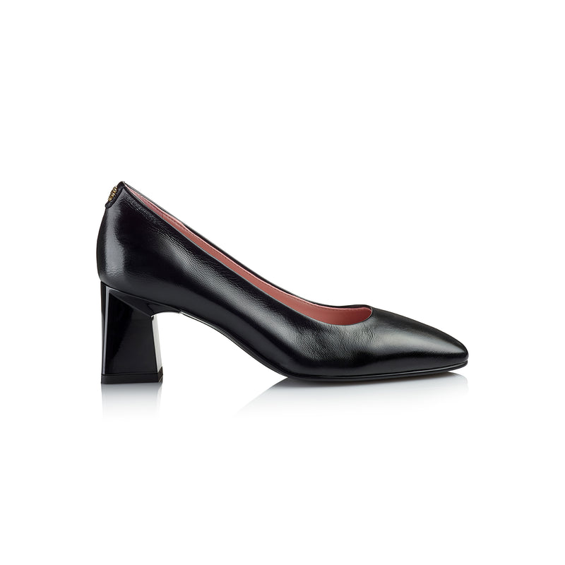 Side profile of the Cass - Ayelet by Naot pump, featuring a square toe, sleek Italian leather upper, and sturdy block heel for both elegance and comfort.