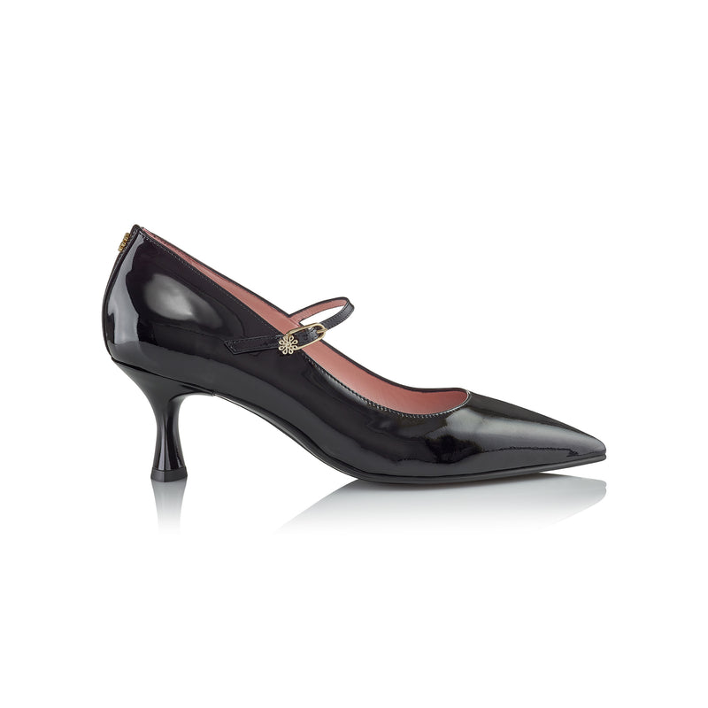 Side profile of the Penny - Ayelet by Naot Mary Jane pump, featuring a stylish buckle strap for a secure fit, high-shine Italian patent leather, and a distinctive triangular heel.