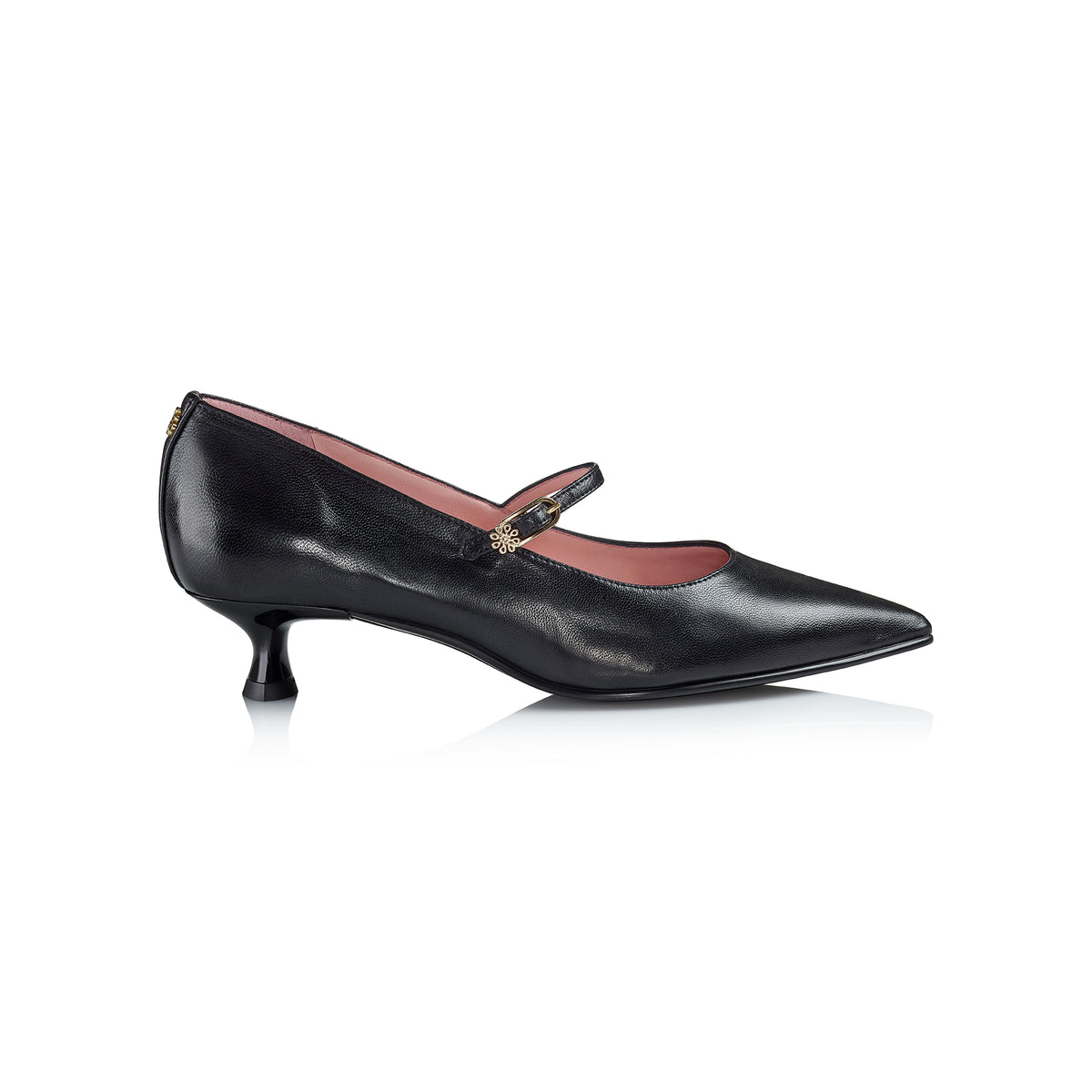 Side view of the Rosalie - Ayelet by Naot Mary Jane pump, featuring a stylish buckle strap for a secure fit, sleek Nappa leather upper, and unique kitten heel for added sophistication.