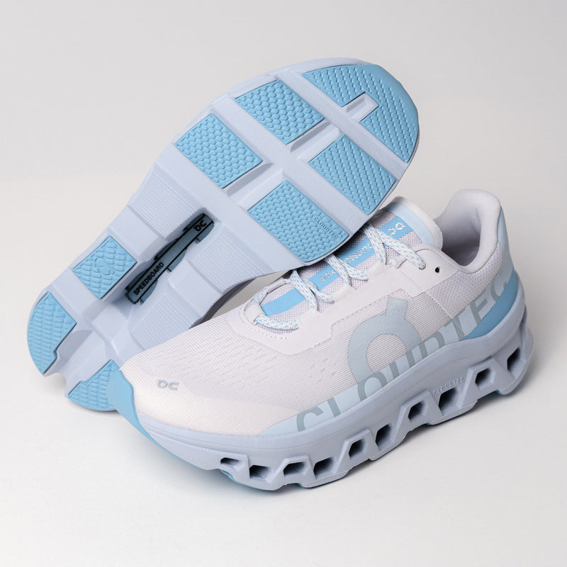 Outsole detail of the On Running Cloudmonster in Blue Frost featuring durable rubber grip for reliable traction during daily runs.