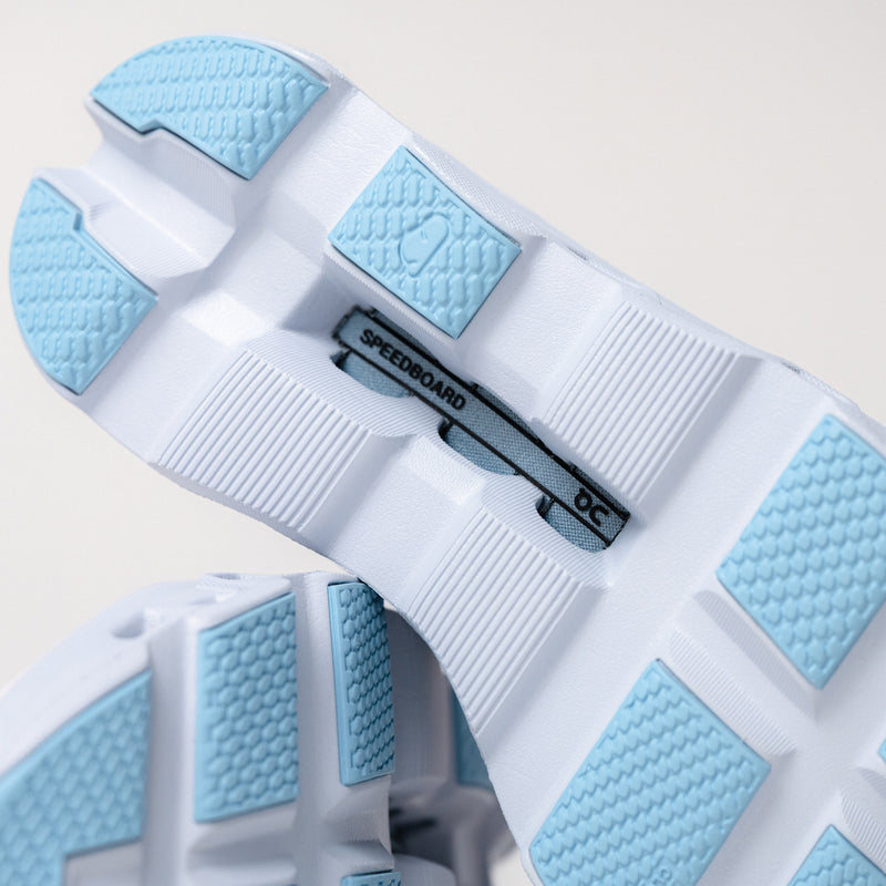 Outsole detail of the On Running Cloudmonster in Blue Frost featuring durable rubber grip for reliable traction during daily runs.