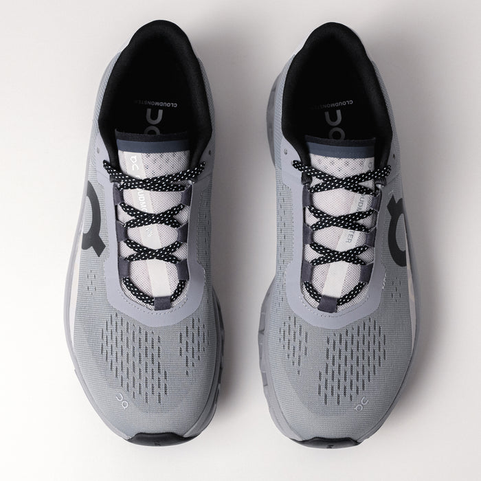 Top-down view of the Men's Cloudmonster in Alloy/Silver, highlighting the secure lace-up fit and breathable upper.