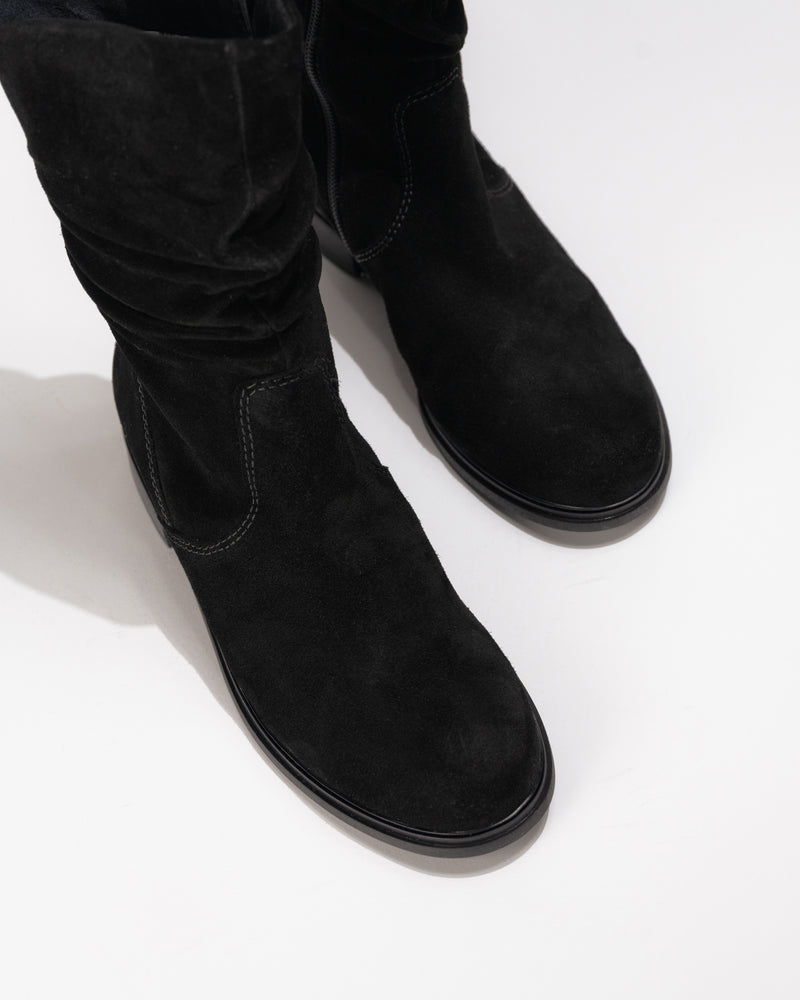 Overhead view highlighting the slouch shaft and suede texture