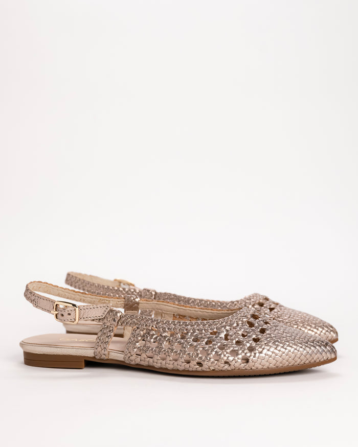 Women’s Gabor Pointed Slingback Flat in Gold Leather on a white background