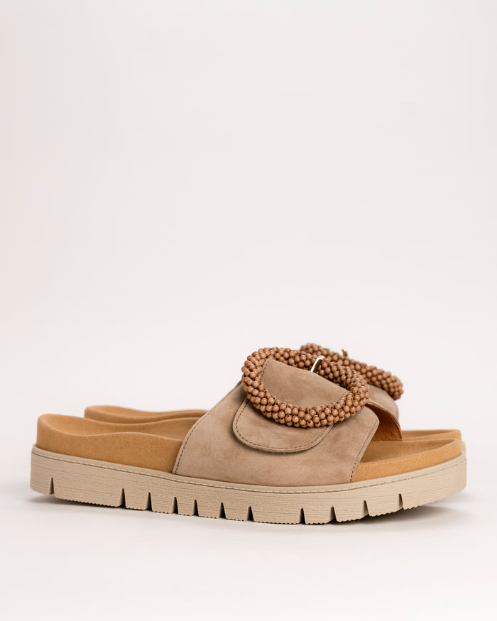 Women’s Gabor beaded slide sandal in Sand/Beige suede side view on white background