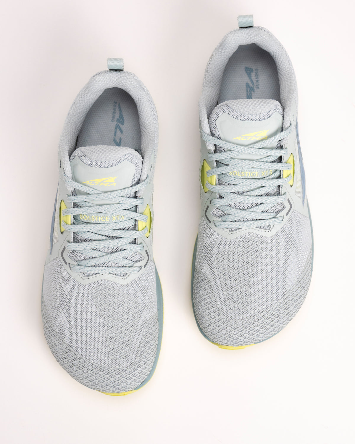 Top-down look at Altra Solstice XT3 Gray teal mesh upper and roomy toe box