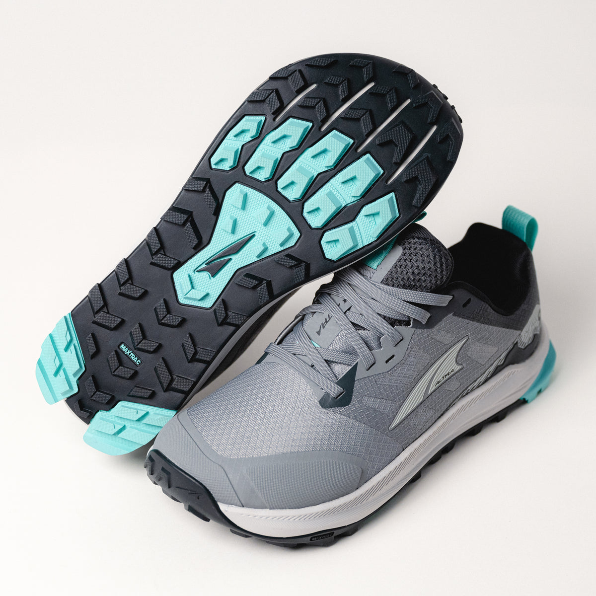 Sole view of the Lone Peak 9 by Altray, displaying the grippy MaxTrac™ outsole designed for multi-terrain traction and durability.