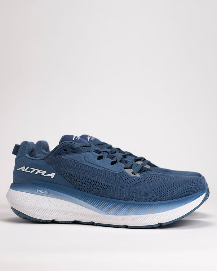 Side view of men’s Altra FWD VIA 2 road running shoe in navy showing cushioned EGO™ P35 midsole and breathable mesh upper