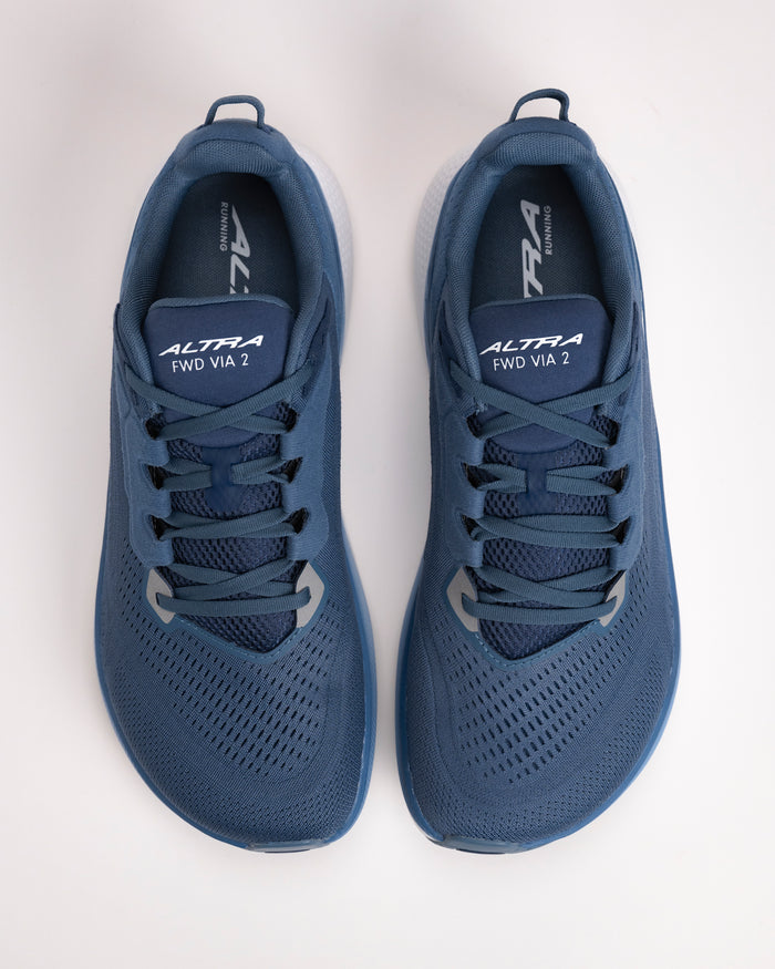 Overhead shot of the men’s Altra FWD VIA 2 in navy with wide FootShape™ toe box