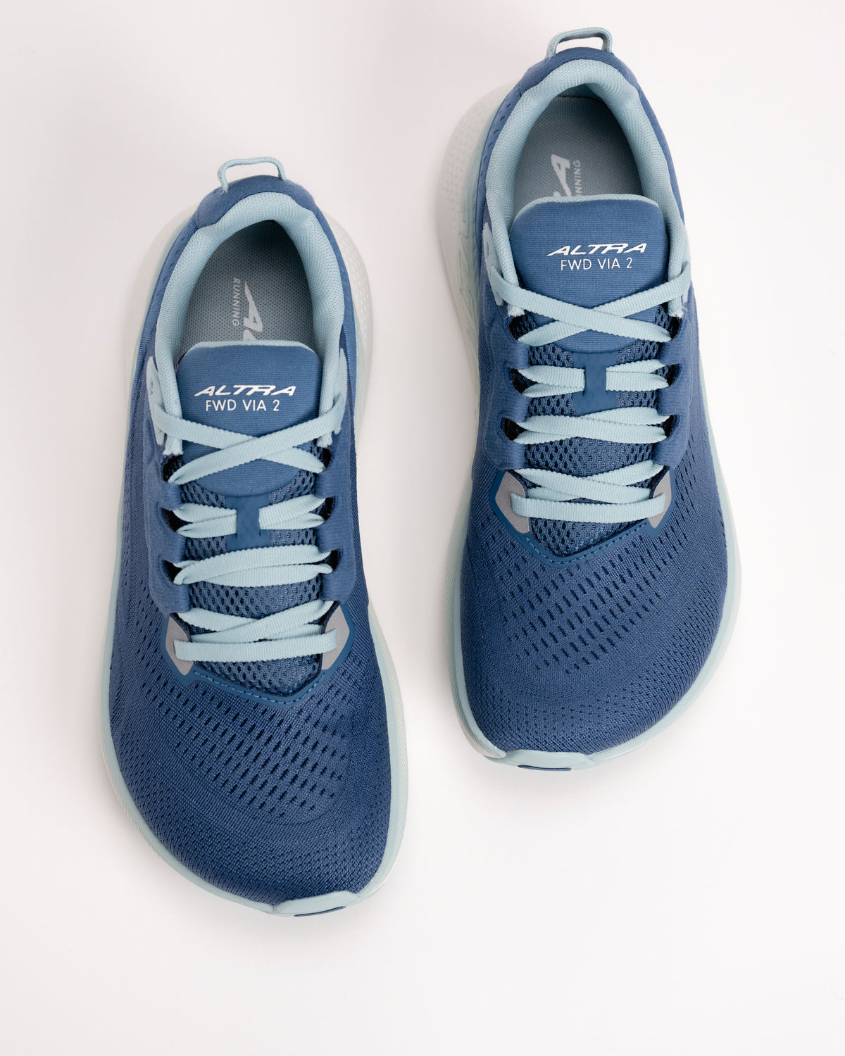 Top angle of Altra FWD VIA 2 Light Blue road running shoes showing engineered mesh upper and FootShape toe box