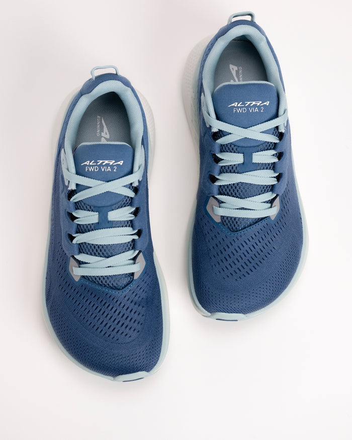 Top angle of Altra FWD VIA 2 Light Blue road running shoes showing engineered mesh upper and FootShape toe box