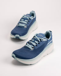 Angled view of the Altra FWD VIA 2 road running shoes in light blue color showing breathable mesh upper and lacing detail
