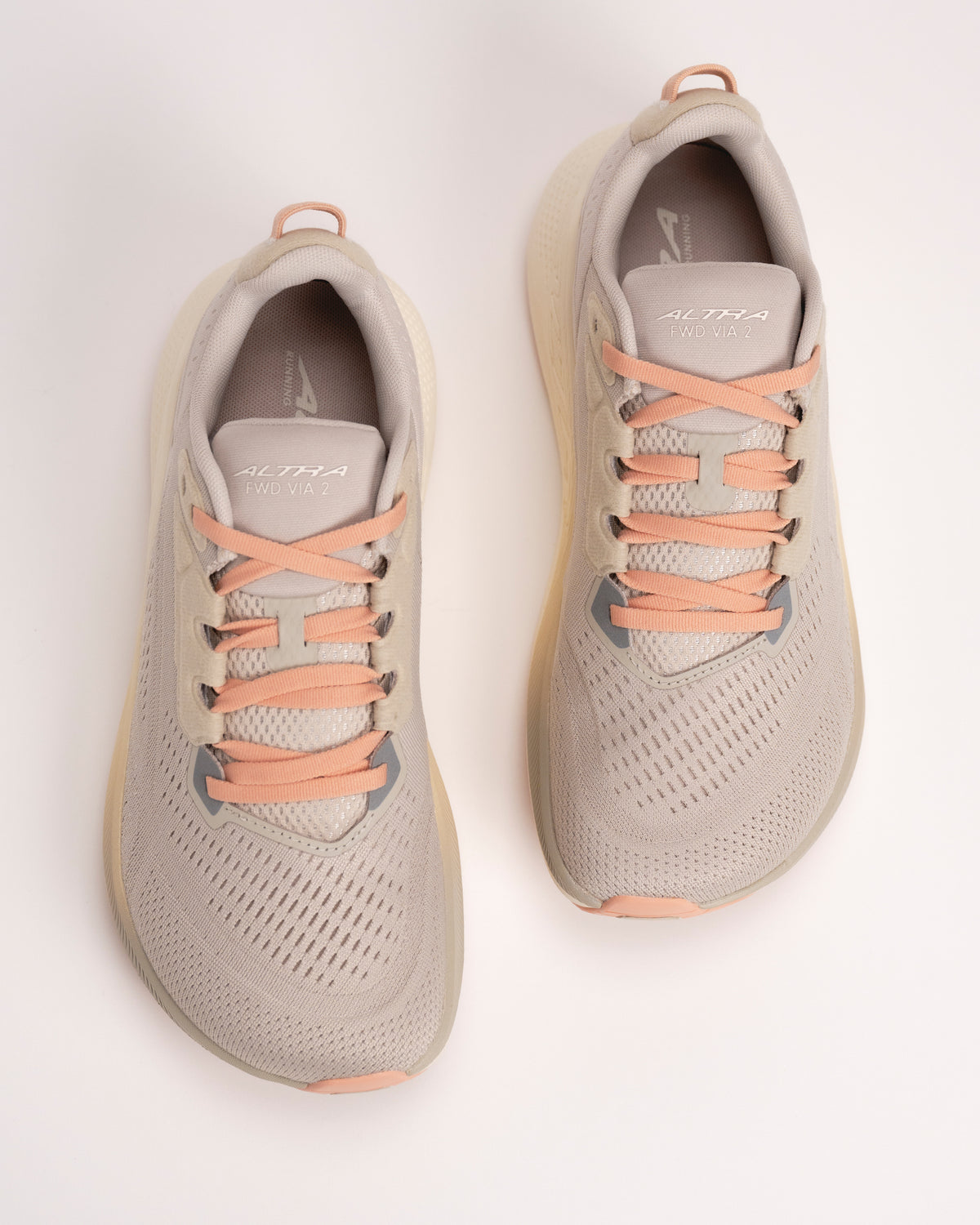 Top angle of Altra FWD VIA 2 Tan road running shoes showing engineered mesh upper and FootShape roomy toe box