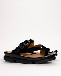 L’Amour Des Pieds Alanza slip-on toe loop sandal in black leather, side view on white background