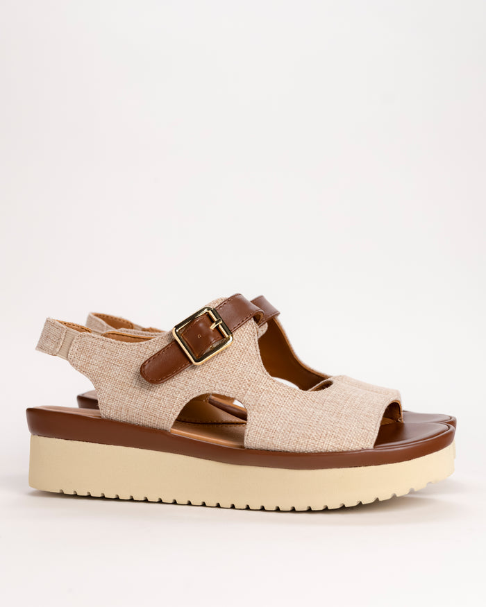 L’Amour Des Pieds Azenor slingback platform sandal in brown, side view on white background