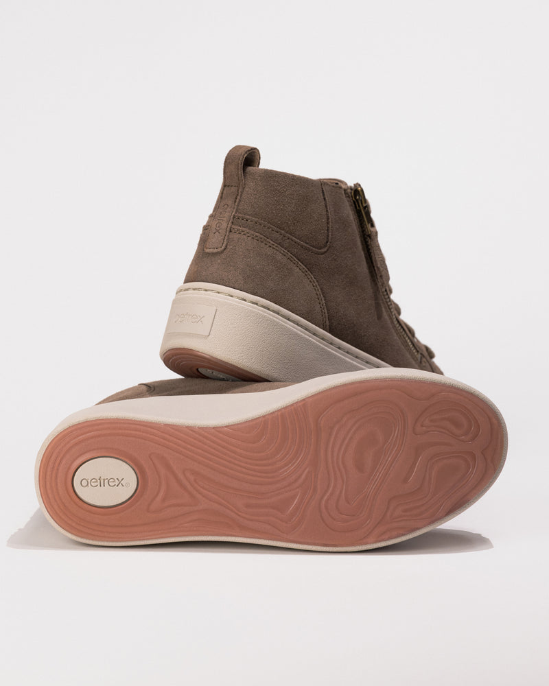 Bottom outsole view of the Women's Aetrex Gianna Platform Sneaker in Taupe