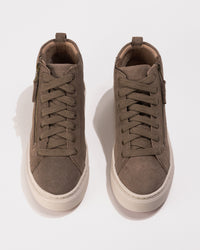 Overhead view of Women's Aetrex Gianna Platform Sneaker in Taupe, showing the lace design with subtle leather texture