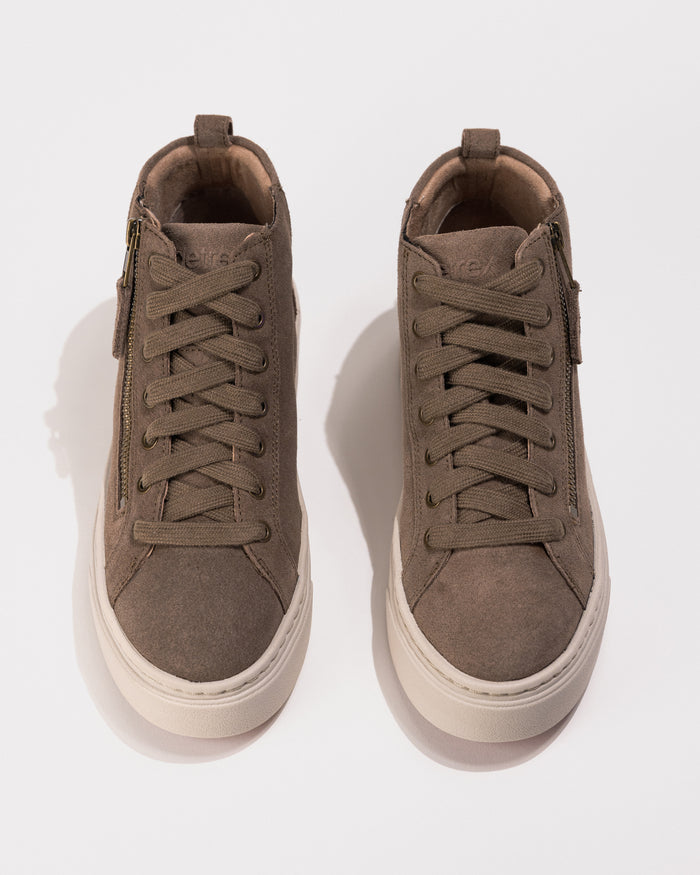 Overhead view of Women's Aetrex Gianna Platform Sneaker in Taupe, showing the lace design with subtle leather texture