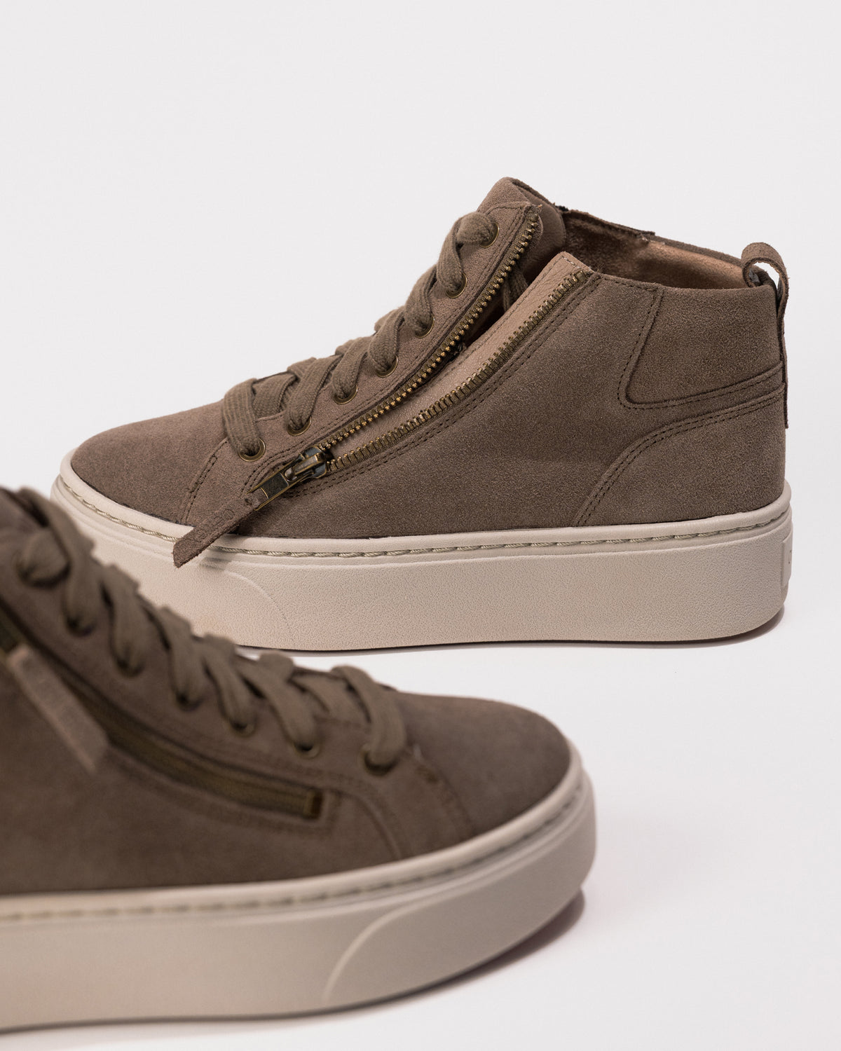 Women's Aetrex Gianna Platform Sneaker in Taupe, showing the zip and lace design with subtle leather texture