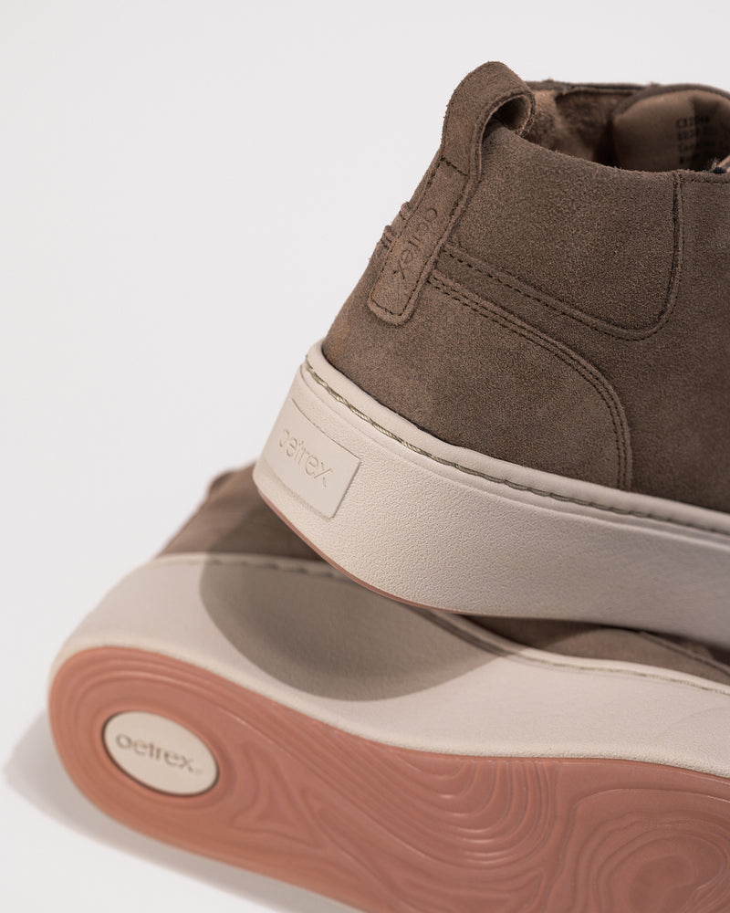Heel view of the Women's Aetrex Gianna Platform Sneaker in Taupe