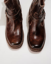 Overhead view of Bed|Stü Homage Boot in teak leather showing square toe