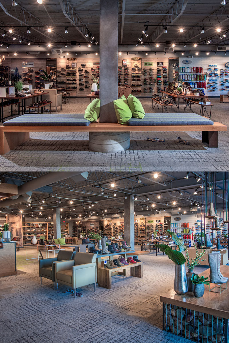 Interior of Plaza Shoe Store showcasing mid-century modern design elements, with natural wood accents, concrete and metal finishes, and vibrant pops of color, creating a warm and inviting shopping environment.