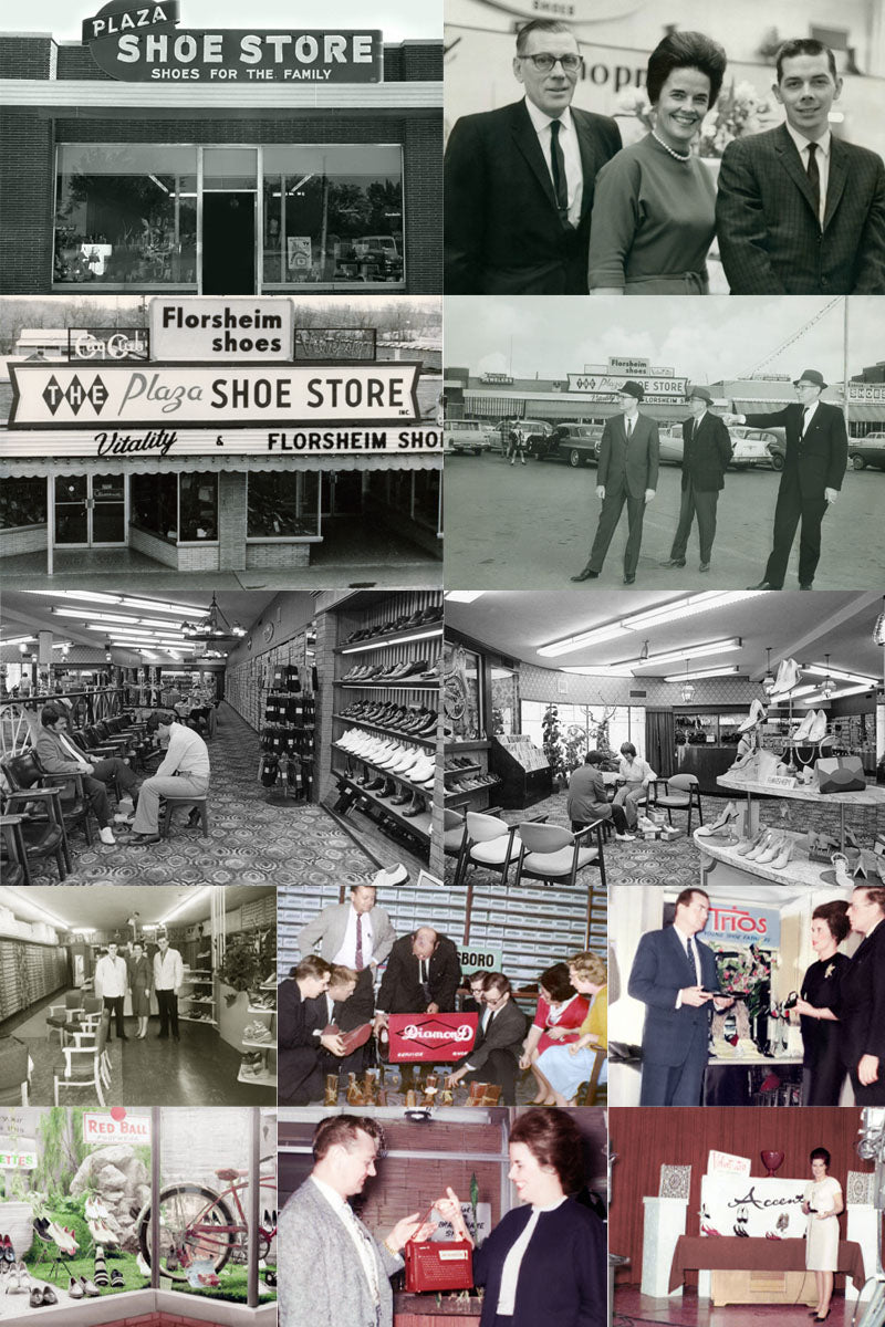 Historical photo collage of original Plaza Shoe Store interior and exterior with owners and employees.