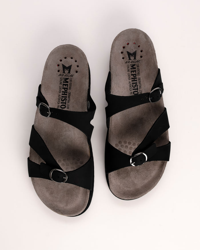 Top view of Mephisto Hannel sandal showing criss-cross straps in Black nubuck leather