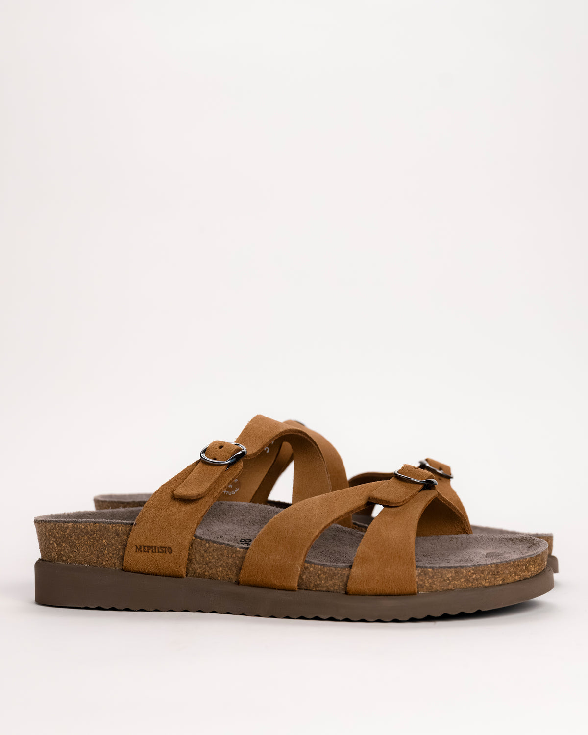 Women’s Mephisto Hannel criss-cross brown suede sandal side view on white background