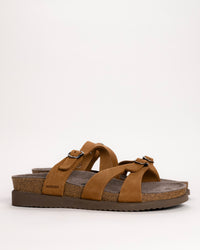 Women’s Mephisto Hannel criss-cross brown suede sandal side view on white background