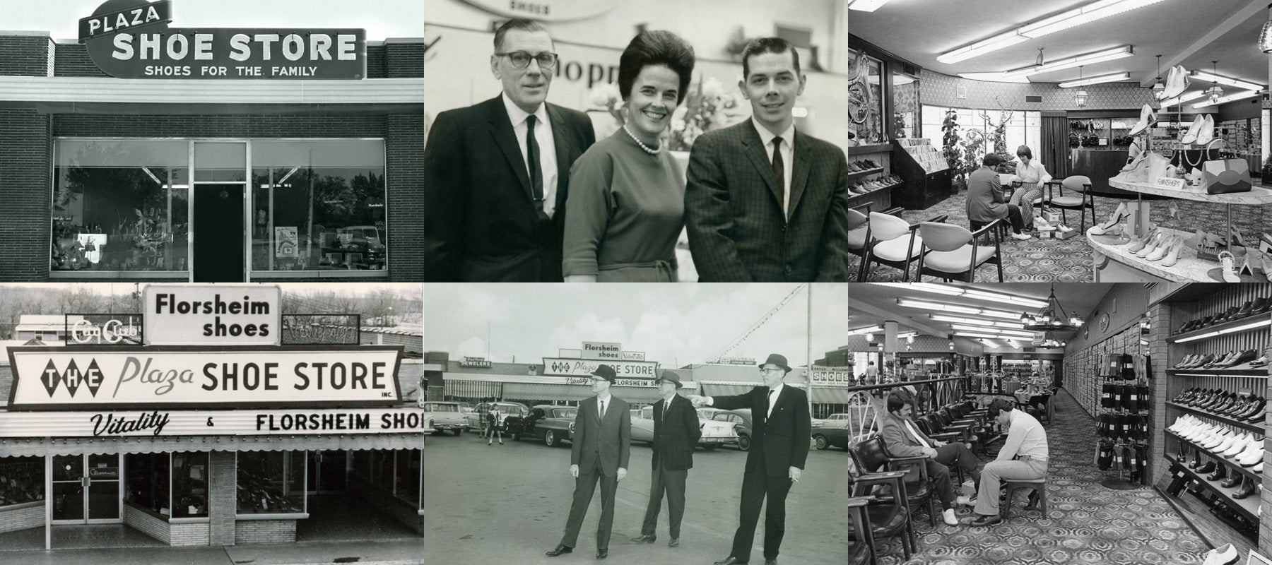 Black and white photo collage of original Plaza Shoe Store interior and exterior with owners and employees.