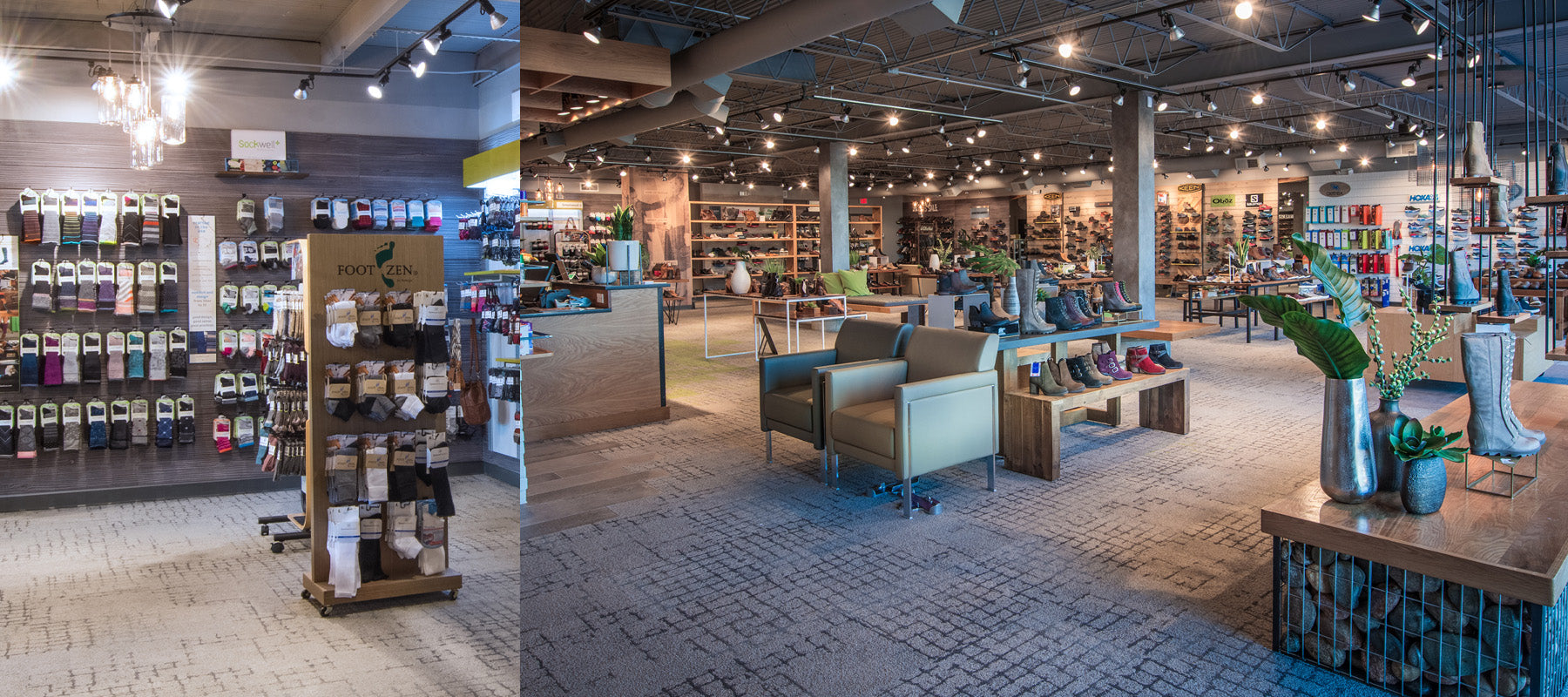 Interior of Plaza Shoe Store featuring mid-century modern design with natural wood, concrete, and metal accents, colorful greenery, and structured lines. A sit-and-fit area is prominently displayed, emphasizing personalized service and expert shoe fitting for customers.
