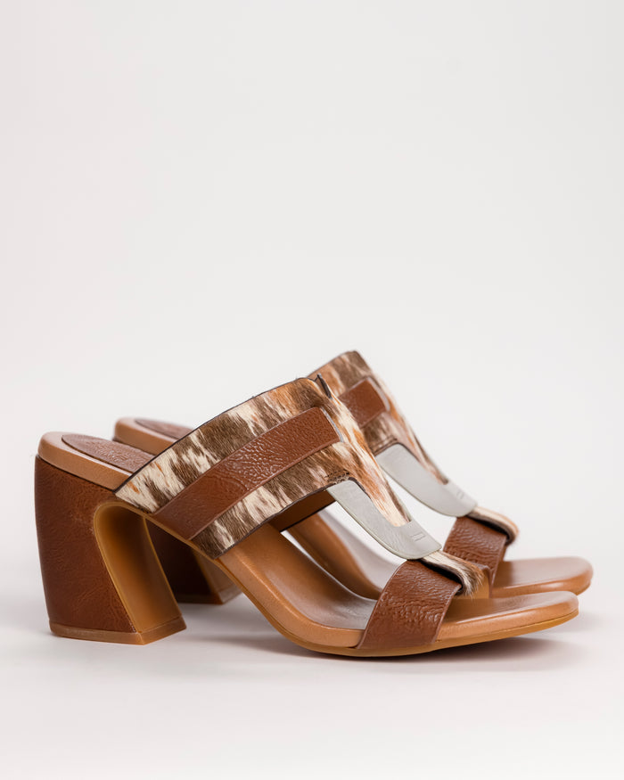 Women’s Kork-Ease Brynn heeled slide in calf-hair and leather multi, side view on white background