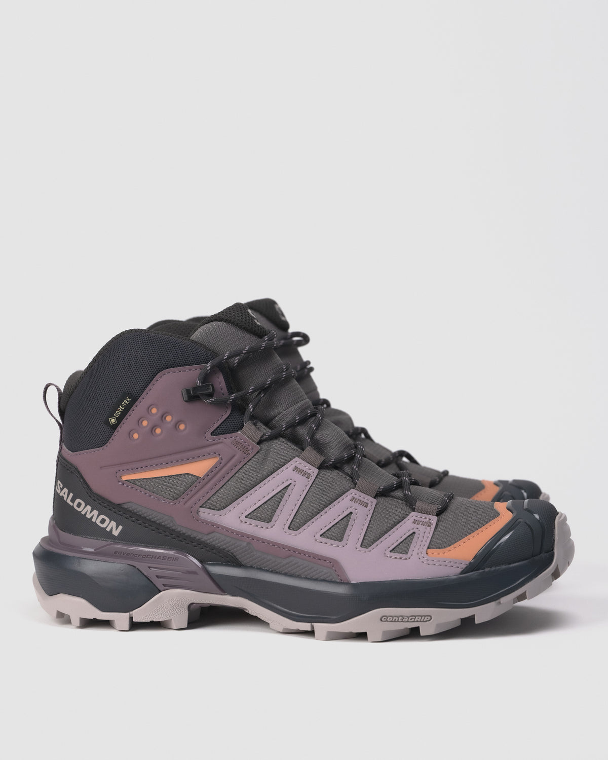 Side profile of Salomon X ULTRA 360 MID GTX women’s waterproof hiking boot in Plum Kitten / Phantom