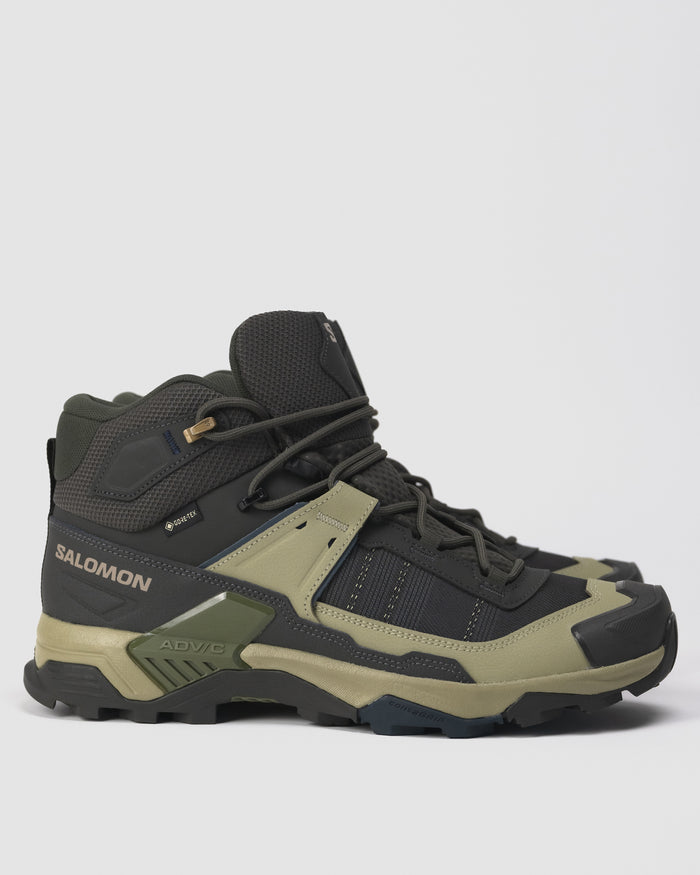 Side view of Salomon X ULTRA 5 Mid showing PU leather upper and Contagrip outsole